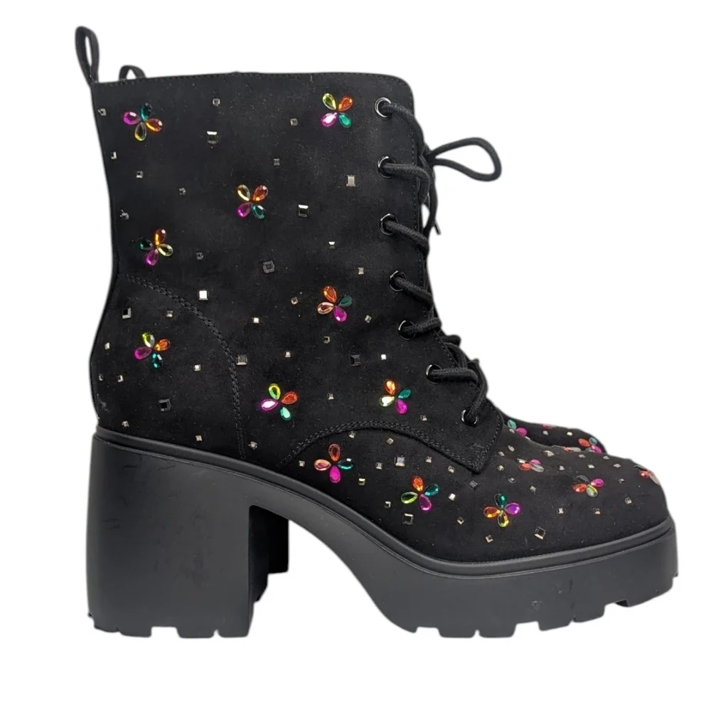 Betsey Johnson Micro Stones Chunky Heel Combat Boots | Size 11.5WW - Picture 4 of 10